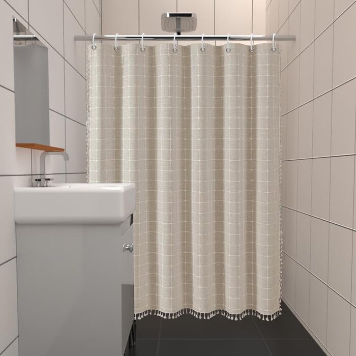 Штора для душу Boho бежева, льон, 120x180 см - сільський стиль, з пензликами