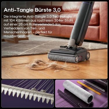 Акумуляторний миючий пилосос EUREKA FloorShine 830 для твердих підлог, 24000 Па, з функцією самоочищення та сушіння гарячим повітрям 75°C, Anti-Tangle 3.0, 60 хв роботи