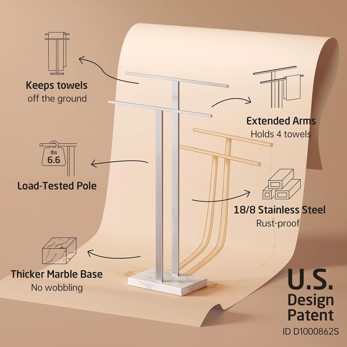 Підставка для рушників KES, стояча, з нержавіючої сталі, з мармуровою основою, 84 см, BTH217-2