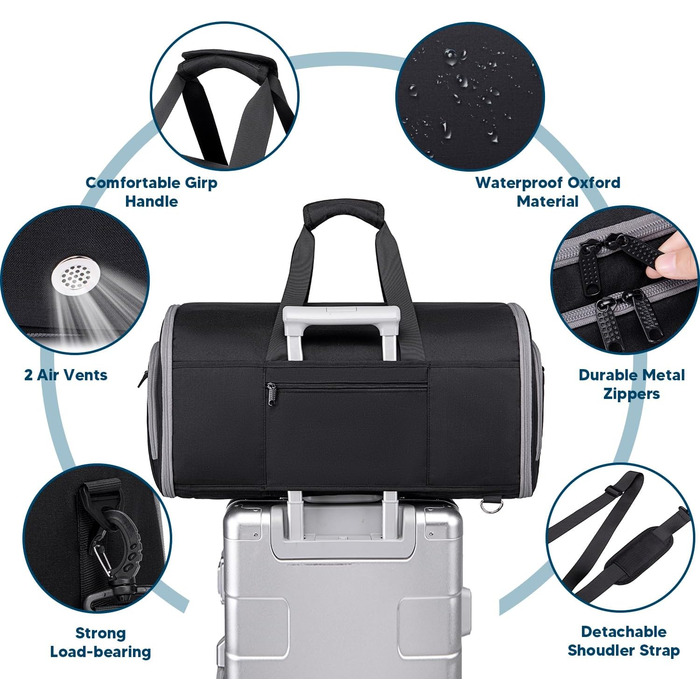 Suit Bag, Garment Bag Travel Duffel for Suits, Convertible Garment Duffel Bag for Men and Women, 4 in 1 Suit Bag Hanging Bag with Shoe Bag (Black)