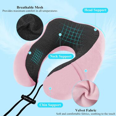 Подушка для шиї у вигляді їжачка Memory Foam для подорожей на літаку/автомобілі. З навушниками, маскою для очей та сумкою. М'яка, дихаюча. Рожева.