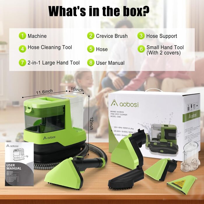 Пылесос для мытья с паром AAOBOSI, 17KPa, для ковров и обивки, с голосовым оповещением, самоочистка, 4 насадки, 1800W, зеленый - для диванів, авто, килимів та сходи
