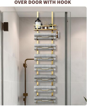 Настінний тримач для рушників у ванну кімнату, без свердління, 6-рівнева наддверна полиця для рушників, багаторівневий тримач для рушників на двері, для складених рушників (Золотий, 8 ярусів)