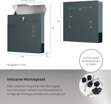Поштовий ящик антрацит RAL 7016 Svenja з написом та газетницею - сталевий порошково-пофарбований, з 3 вікнами огляду