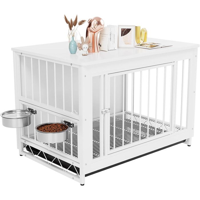 Клітка для собак для дому, дерев'яна собача будка 93x64x58 см, біла. Знімний піддон, 2 годівниці, двері. Для собак середніх та маленьких порід до 40 кг