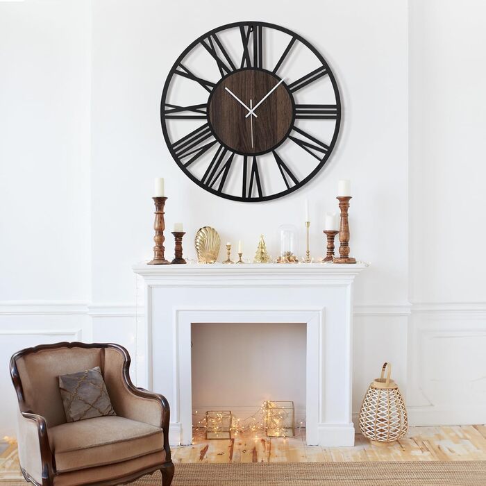 HAITANG Round Wall Clock, Black, 34 cm, for Living Room, Decoration, Vintage Style, Roman Numerals, Silent, Non-Ticking, Wall Clocks for Home, Garden, Office, Cafe Decoration (50 cm, Black)