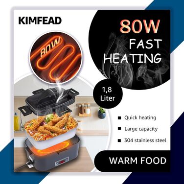Електрична ланч-бокс Kimfead з контролем температури, 1.8L, 80W, 12V/24V/230V, з сумкою та столовим прибором, для авто/офісу