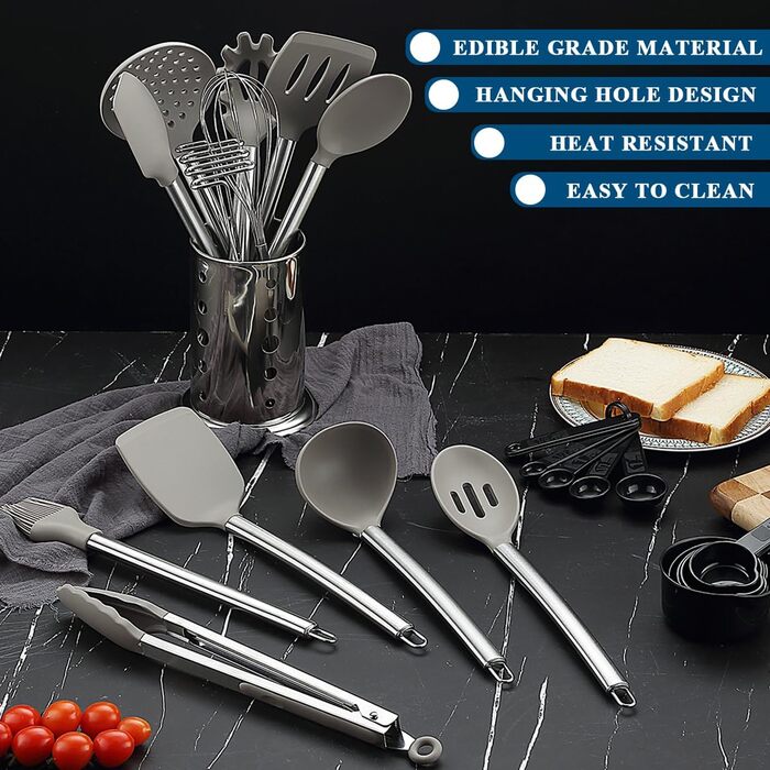 Kitchen Utensil Set, Kyraton 38-Piece Non-Stick Silicone Cooking Utensils Set, Spoon Spatula Set with Sturdy Stainless Steel Utensil Holder, Dishwasher Safe