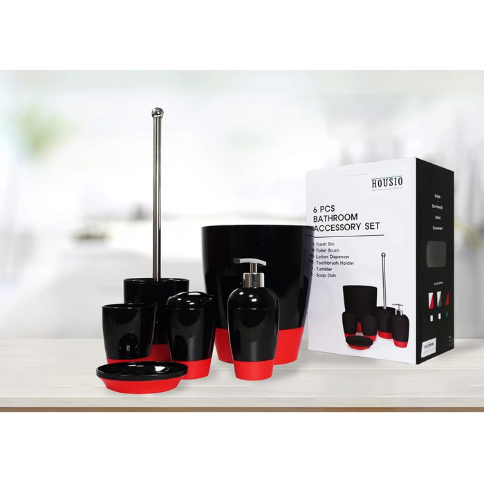 Набір аксесуарів для ванної кімнати HOUSIO, 6 предметів, чорно-червоний (тримач для зубних щіток, миска для мила, дозатор для лосьйону, стакан, WC-щітка, сміттєве відро)