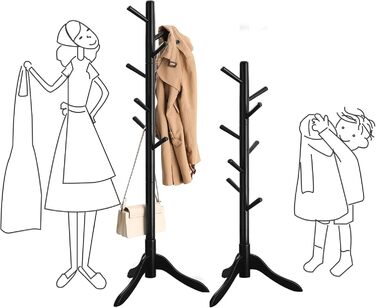 VASAGLE Coat Rack, Solid Wood Clothes Rack, Coat Stand with 8 Hooks, Tree Shape, 3 Adjustable Heights, for Coats, Jackets, Bags, for Entryway, Bedroom, RCR01GY (Black)