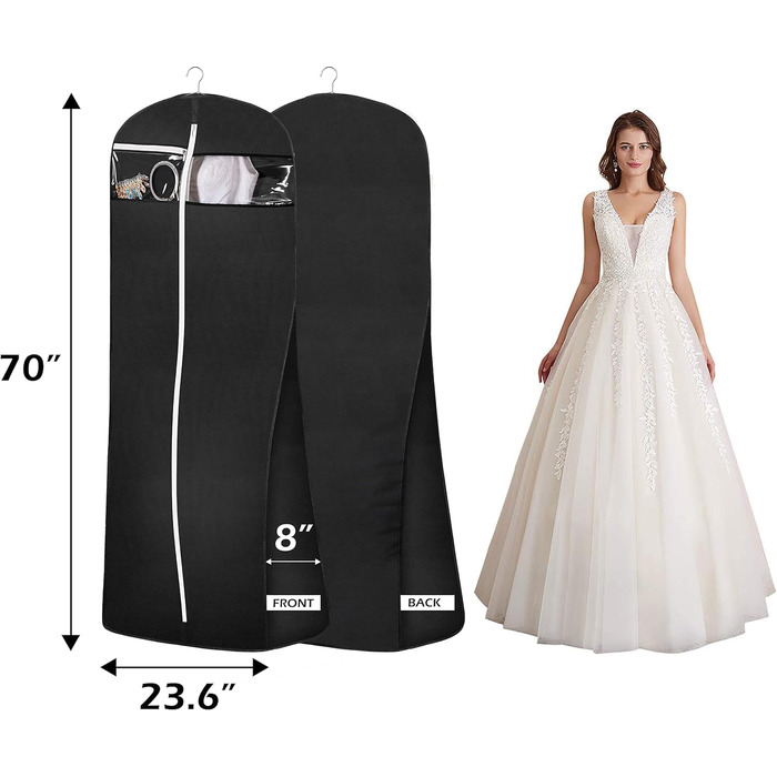 Чохол для сукні MISSLO, 177см, чорний: дихаючий, з кишенями, для вечірньої сукні, костюма, весільної сукні, у подорож