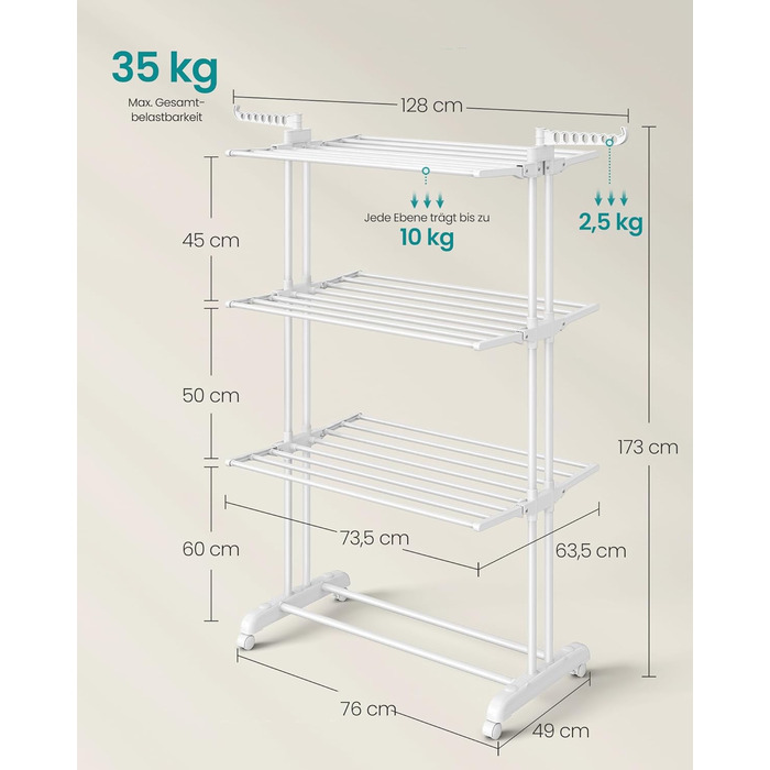 SONGMICS Сушарка для білизни на коліщатках, 4 яруси, розкладна, 63,5 x 128 x 173 см, білий, LLR701W03