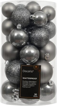 Шардечки для ялинки Kaemingk, пластик, 6 см, 30 шт. - класичні, неб'ючі, сірого кольору - набір прикрас для ялинки