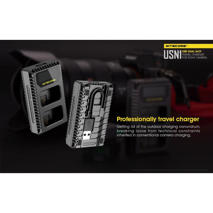 Зарядний пристрій Nitecore USN1 для Sony NP-FW50 з індикатором та USB, чорний