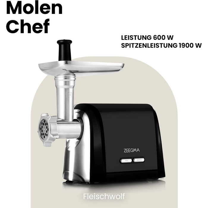 ZEEGMA Electric Meat Grinder - 1900W, Stainless Steel Plates, 3kg/min, Sausage Maker, Kubbe, Chopping, Dicing, REV Function, Accessory Kit