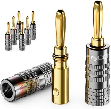 Набір бананових конекторів DeleyCON (8 шт.) – позолочені, гвинтові, для акустичних/динамічних кабелів, 0.75-4.5 мм, Hi-Fi аудіо, домашній кінотеатр, сірий