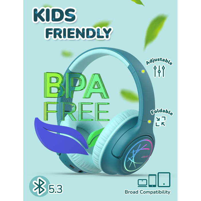 iClever Bluetooth навушники для дітей з LED-підсвіткою, обмеження гучності 74/85dBA, 43 години роботи, стерео звук, Type-C, AUX-кабель, Bluetooth 5.3, для планшетів/подорожей (Турквіс)