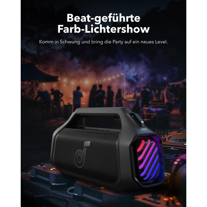 Soundcore Boom 2 Plus: Портативна Bluetooth колонка з RGB-підсвічуванням, 140W, IPX7, Power Bank, чорний