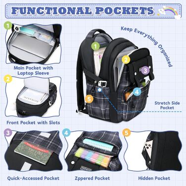 Шкільний рюкзак для дівчаток: велика місткість, стильний дизайн, Kawaii, чорний