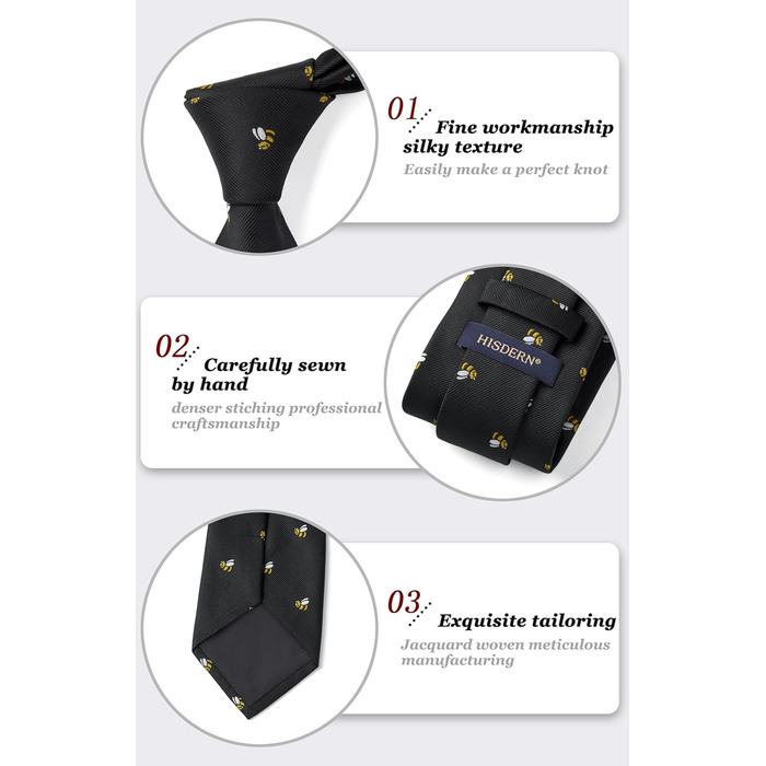 HISDERN Чоловіча краватка з принтом тварин, краватка-метелик, нагрудна хустинка, набір для весілля/бізнесу, чорний/бджола, універсальний розмір