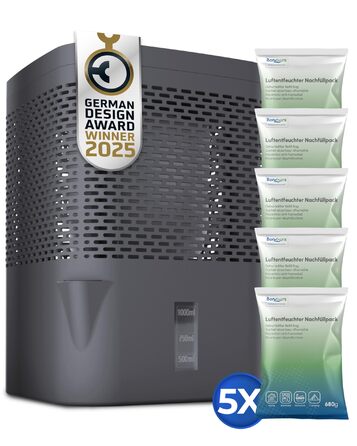 Зволожувач повітря BonAura® без струму до 23 м² | 360° вентиляція | Рамковий зволожувач з виливом & 5 x 680 г гранульоване зволожувальне речовина | Захист від цвілі та запахів | Рамковий зволожувач для квартири Airone Grey + 5 X гранульоване зволожувальне