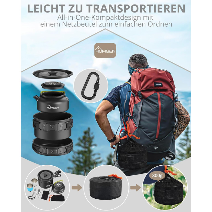 Набір посуду для кемпінгу HOMGEN: каструлі та сковорідки з алюмінію, легкий набір для 2-3 особи