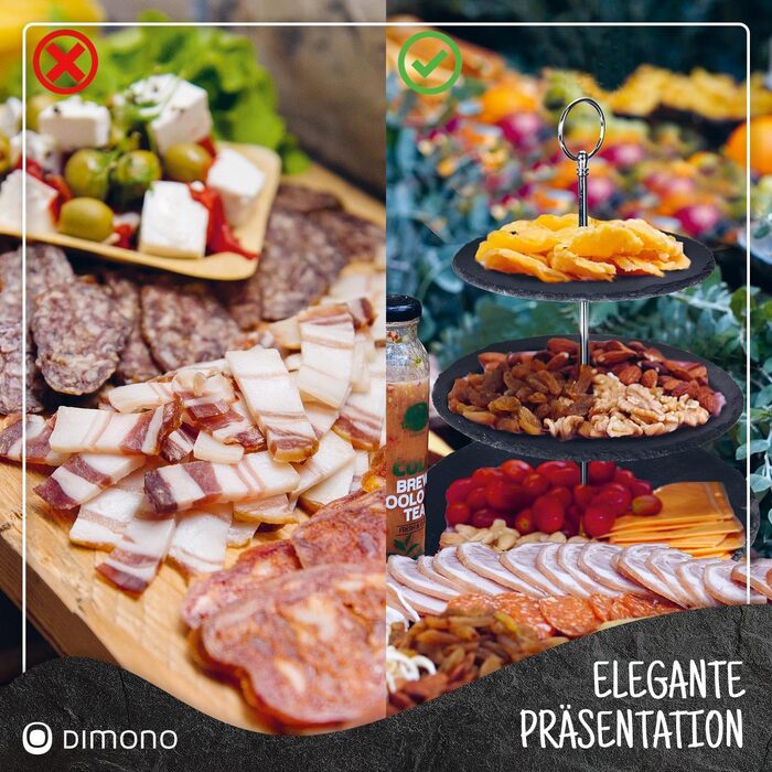 Dimono® Етажерка для сервірування Deluxe; 3 яруси - сервірувальні миски; фруктова та овочева миска з бамбуковим підставкою; для десертів, фруктів, овочів, солодощів та ін. (Шифер натуральний)