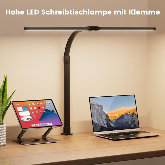 APMIEK LED лампа для столу з LED, 24W, 76 см, кріплення, для home office, 3200K-6500K, регульована, для офісу, захист очей, для робочого місця, монітора, ПК (чорна)