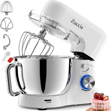 Stand Mixer, Zuccie Stand Mixer Quiet Mixing Machine including 5L Stainless Steel Bowl, 3 Mixing Tools, Splash Guard, Dough Scraper, and Egg Separator, 8+ Speed Dough Machine (White)