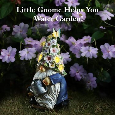 Lewondr Solar Garden Gnome Outdoor Garden Decor, Waterproof Resin Gnome Garden Figurine with Watering Can, Sculpture Garden Decoration with Warm Light Gift for Lawn Yard Patio Veranda