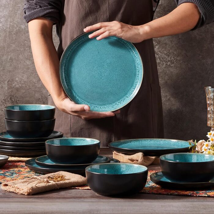 Набір посуду HaWare для 6 осіб, 18 предметів: тарілки, десертні тарілки, миски, стельова глазур, посуд для сервірування столу, блакитний колір, безпечний для мікрохвильовки та посудомийної машини
