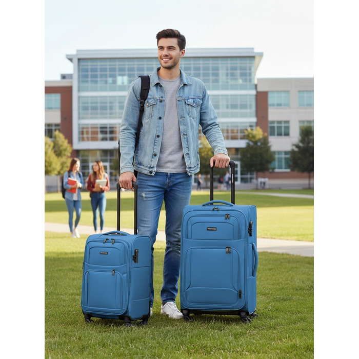 Набір валізак SMARTBOX 3 шт. для жінок та чоловіків | Легкі та міцні валізи-ролери, якісний softcase, 4 колеса та кодовий замок | Розширювані | Slate-blue (Сіро-блакитний), розмір S (56 см)