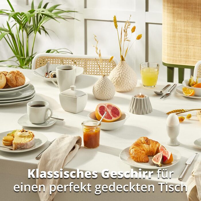 Набір посуду KHG Kombiservice 62 елементи | Білий сервіз для 6 осіб з якісного порцеляну | Класичний дизайн | З цукерницею, ложками для яєць та молочником