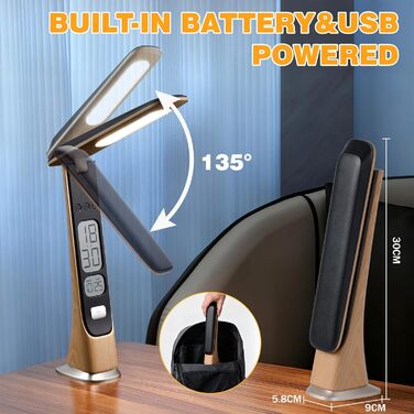 Bokefo Світлодіодна настільна лампа з акумулятором 1800 mAh, 3 кольори, регулювання яскравості, годинник, сенсорне управління, складна та портативна. Підходить для офісу, навчання, читання. Без адаптера