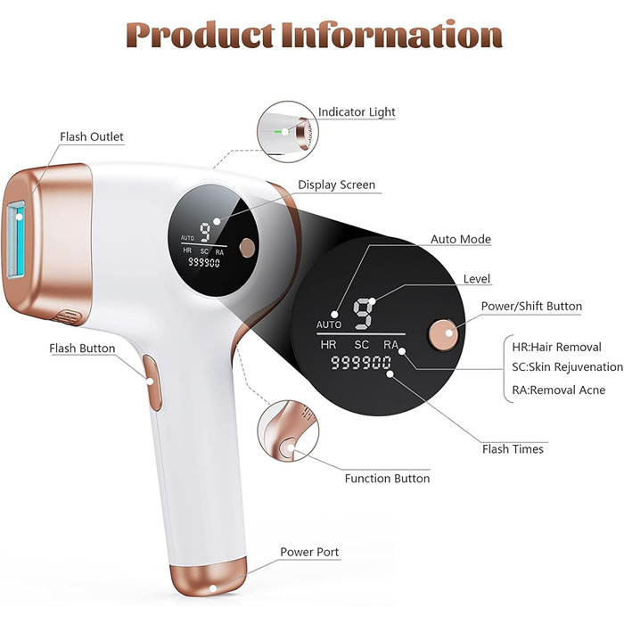 Пристрій для епіляції IPL: для жінок та чоловіків, 9 рівнів енергії, 999 000 імпульсів, безпечний для дому (обличчя, тіло, бікіні)