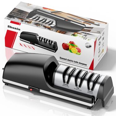 Професійний електричний точило для ножів | Змінні насадки | 100% алмазний абразив, прецизійна система нахилу, підходить для заточування ножів з двостороннім та хвилястим лезом, чорний