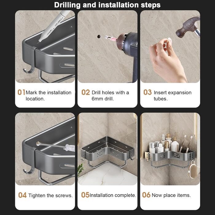 Поличка для душу без свердління, кутова, для ванної кімнати, органайзер, шафка для душу, тримач для шампуню, 2 гачки, темно-сірий