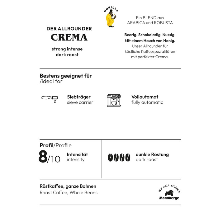 Кава в зернах Joerges GORILLA Super Bar Crema, темне обсмажування, 1 кг (набір 2 шт)