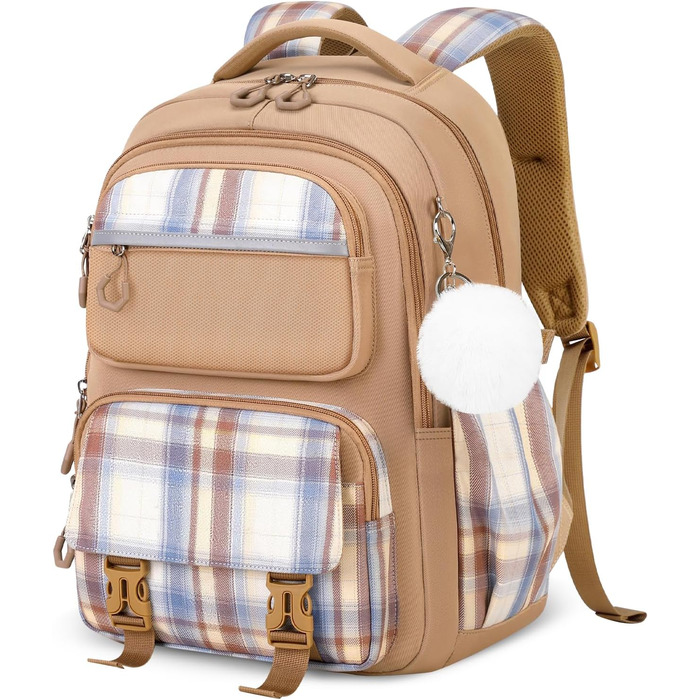 Шкільний рюкзак Tanou для дівчаток, ергономічний, великий, модний в клітинку, для підлітків, для подорожей (коричневий)