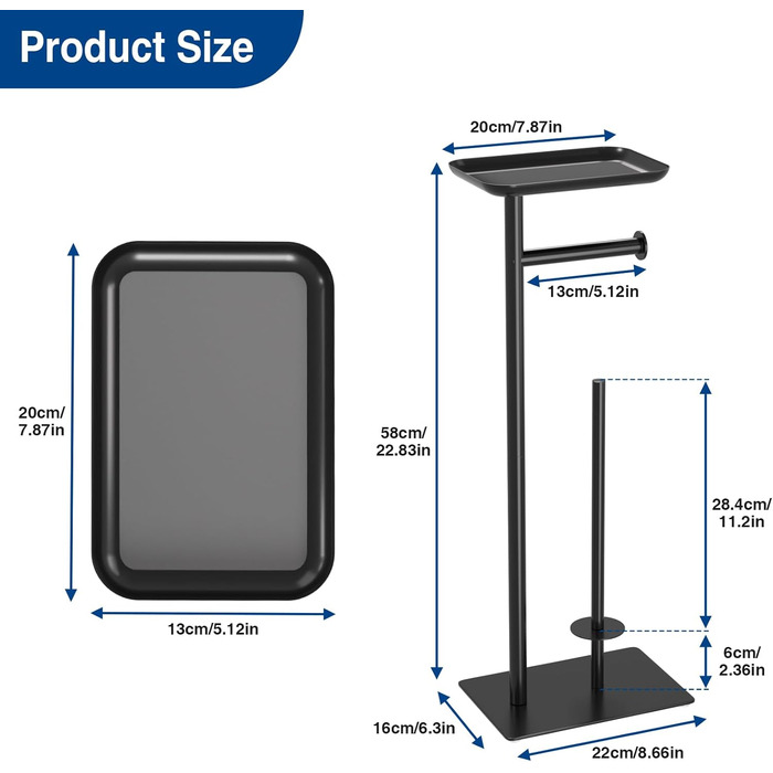 Настінний тримач для туалетного паперу з полицею, чорний, з місцем для 4 запасних рулонів, нержавіюча сталь