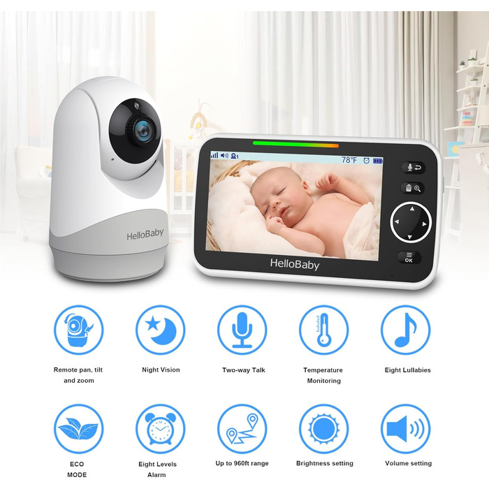 Відеоняня HelloBaby з камерою та аудіо, 5-дюймовий екран, акумулятор 3500 mAh, дистанційне керування, двосторонній зв'язок, ECO-режим, авто-нічне бачення, радіус дії до 292 м, HB6250