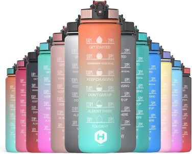 1L Water Bottle - BPA Free Water Bottle with Straw and Time Markers - Water Bottle for Bicycle, Outdoor, School, Running and Gym - Carbonated Drink Suitable (Orange & Light Green with Orange Cap)