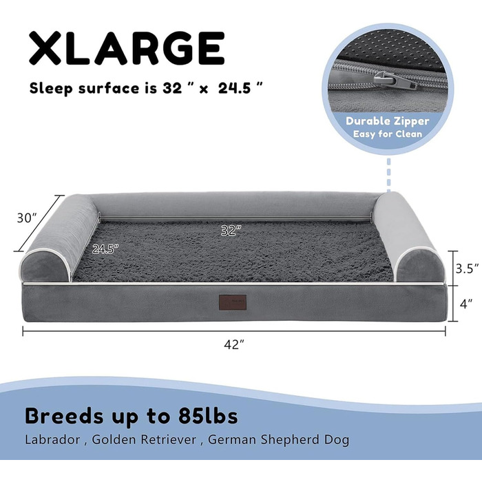 WESTERN HOME Dog Bed Dog Basket Large Dogs Orthopedic Dog Bed Dog Sofa Waterproof 106x76x10cm Dog Beds with Washable Cover Dog Basket Large Dogs, (L 106 x W 76 x H 19 cm, Dark Grey)