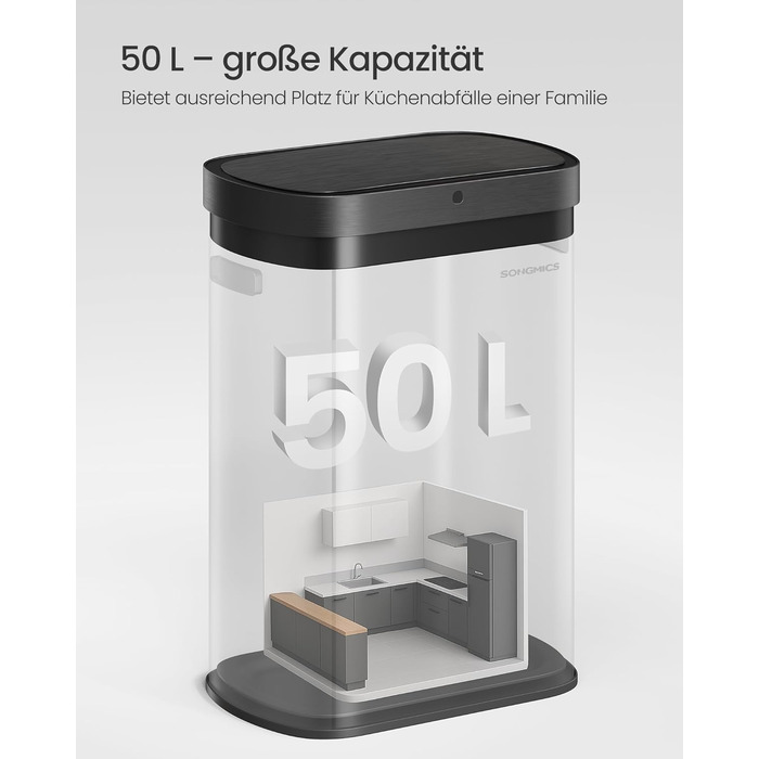 Сміттєвий бак SONGMICS з сенсором 50 л, автоматичний, сталевий, сріблясто-чорний (LTB640B02) + 15 мішків