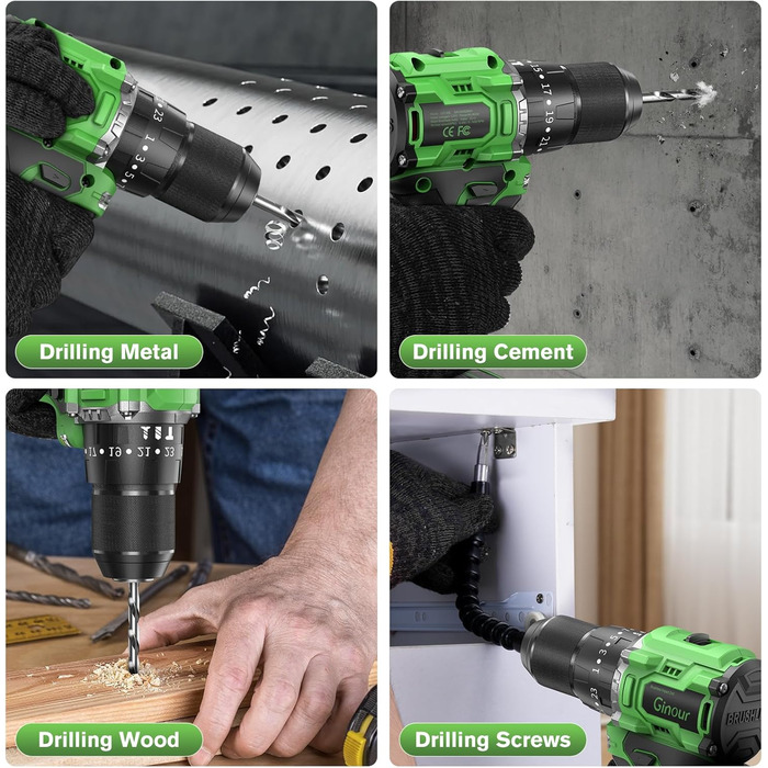 Ginour 21V акумуляторний ударний дриль-шуруповерт, комплект 47 предметів, сумісний з Makita 18V, 50 Nm, 2 швидкості, LED, 10 мм