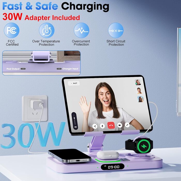 Багатофункціональна бездротова зарядка 6-в-1 для Apple: iPhone, iPad, Apple Watch (фіолетовий) з підсвіткою та регульованим підсвіткою
