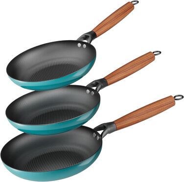 Набір сковорідок YUTANN 3 шт. з чавуну, з антипригарним покриттям, знімний дерев'яний ручка, для газової плити, індукції, духовки, без PFAS/PFOA, легко миються, блакитний