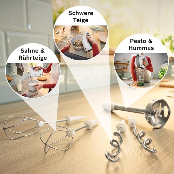 Ручний міксер Bosch ErgoMixx MFQ37470 з блендером, чашею та гаками для тіста, нержавіюча сталь, 750 Вт, 5 швидкостей + Turbo, білий/сірий