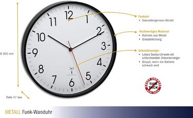 TFA Dostmann Analog Wall Clock with Metal Frame, 305 x (H) 47 mm, Plastic, Black, 60.3537.01