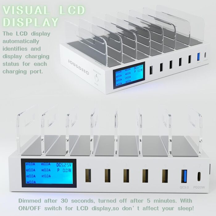 Зарядний пристрій Schnellladestation PD20W QC3.0 7-в-1 з LCD дисплеєм, USB-хаб для iPhone, iPad, Samsung, Huawei (Чорний)